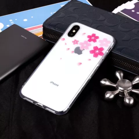 Soepele Transparante TPU Case bloemen iPhone X XS - Roze