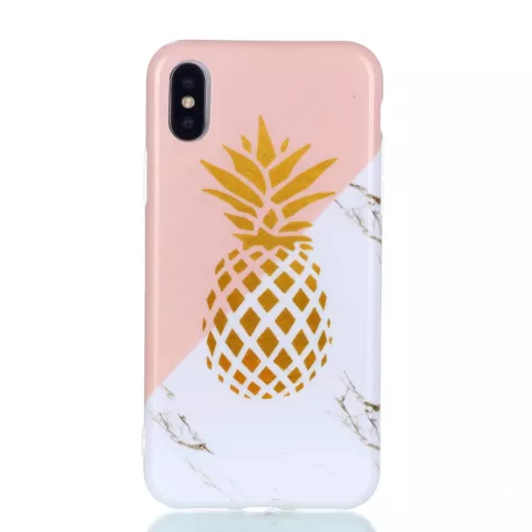 Flexibel hoesje gouden ananas marble gold marmer iPhone X XS - Roze Wit