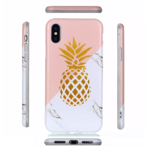 Flexibel hoesje gouden ananas marble gold marmer geschikt voor iPhone X XS - Roze Wit