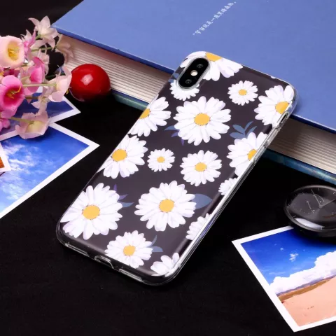 Prachtige Bloemen TPU hoesje iPhone X XS - Madeliefjes zwart