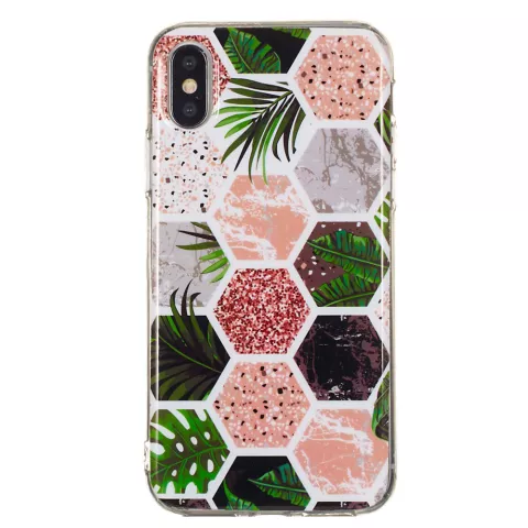 Zeshoeken Print zacht TPU hoesje iPhone X XS cover - Bladeren en Marmer