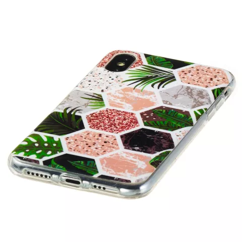 Zeshoeken Print zacht TPU hoesje iPhone X XS cover - Bladeren en Marmer