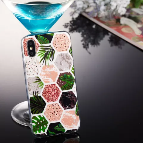 Zeshoeken Print zacht TPU hoesje iPhone X XS cover - Bladeren en Marmer