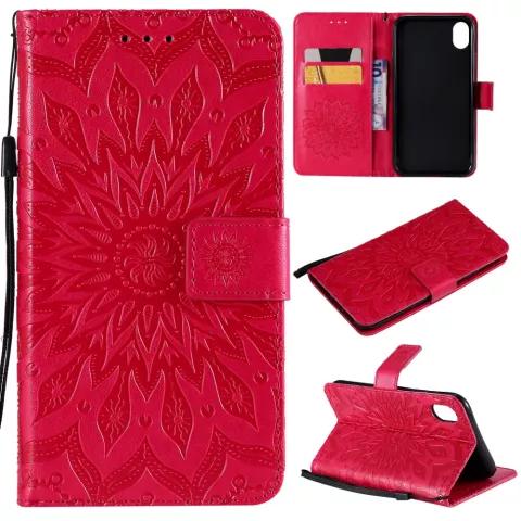 Zonnebloem patroon Leren Wallet Bookcase iPhone XR hoesje - Rood standaard