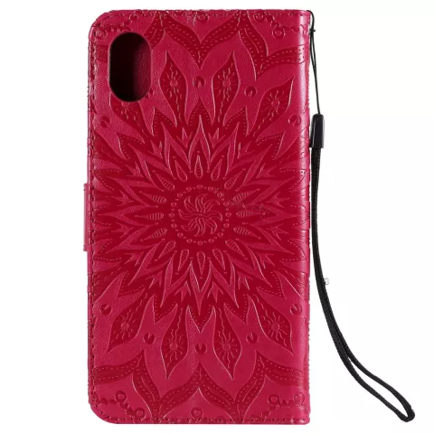 Zonnebloem patroon Leren Wallet Bookcase iPhone XR hoesje - Rood standaard