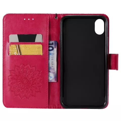 Zonnebloem patroon Leren Wallet Bookcase iPhone XR hoesje - Rood standaard