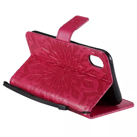 Zonnebloem patroon Leren Wallet Bookcase iPhone XR hoesje - Rood standaard