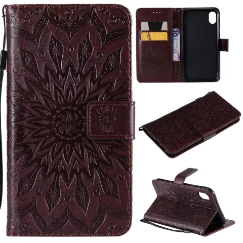 Zonnebloem patroon Leren Wallet Bookcase iPhone XR hoesje - Bruin standaard