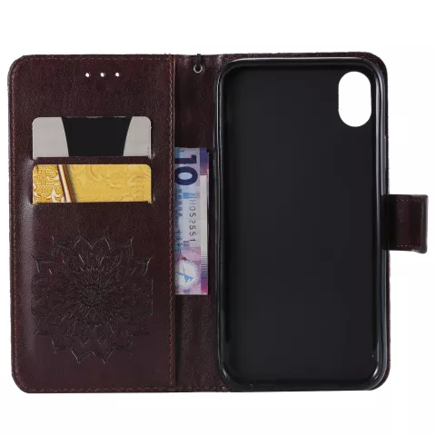 Zonnebloem patroon Leren Wallet Bookcase iPhone XR hoesje - Bruin standaard