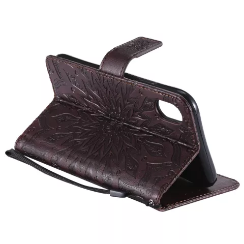 Zonnebloem patroon Leren Wallet Bookcase iPhone XR hoesje - Bruin standaard