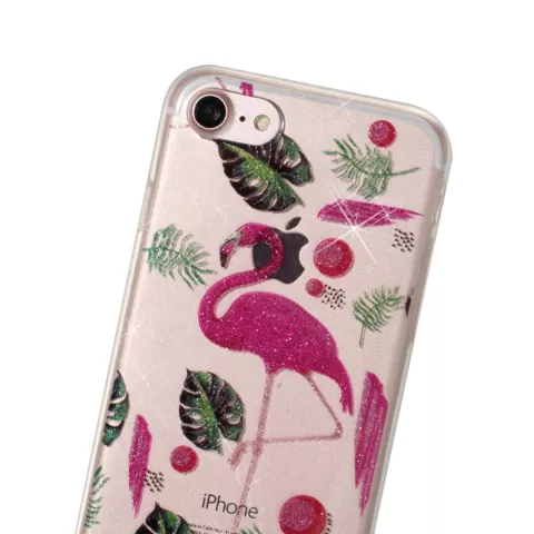 Glitter Poeder hoesje TPU iPhone 7 8 SE 2020 SE 2022 - Flamingo&#039;s en Bladeren