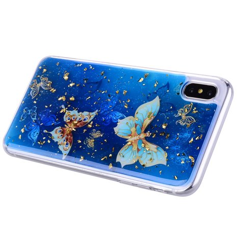 Glitter hoesje vlinders TPU goud iPhone XS Max - Blauw