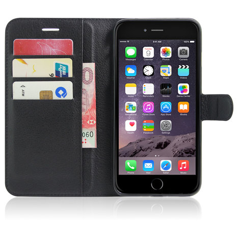 Hoes Case Wallet Portemonnee met Standaard Kunstleer Lycheestruktuur voor iPhone 7 Plus 8 Plus - Zwart