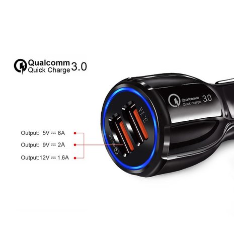 30Q Dual USB Sigarettenplug Autolader - Zwart Fast Charging