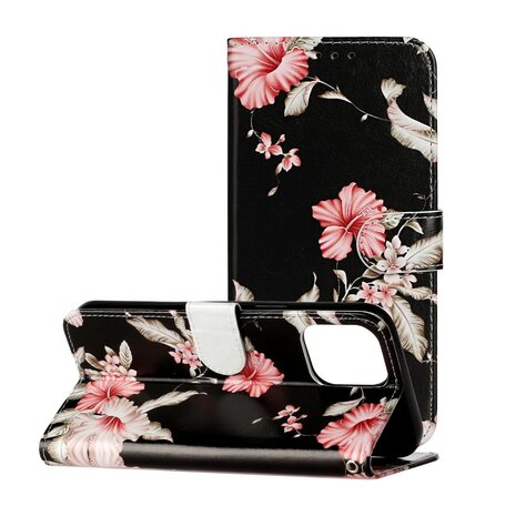 Wallet Bookcase kunstleer bloemen hoesje voor iPhone 13 Pro Max - zwart