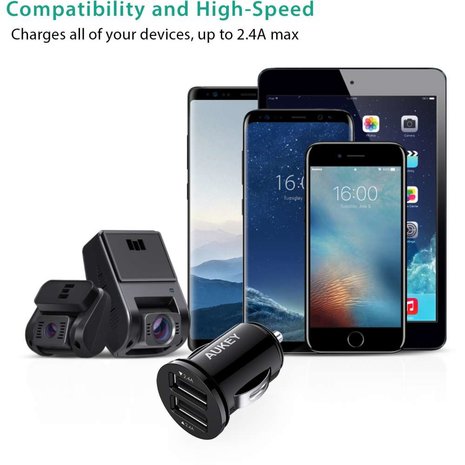 Aukey duolader autoadapter oplader car plug 2 USB-A - Zwart