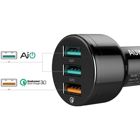 Aukey CC-T11 Car Charger USB-A Quick Charge 3.0 Trio Port - Zwart