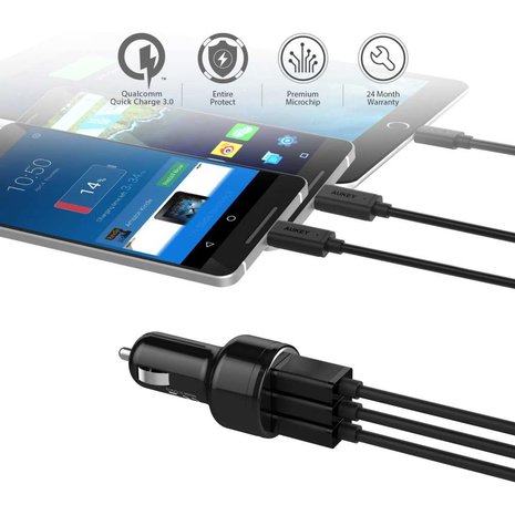 Aukey CC-T11 Car Charger USB-A Quick Charge 3.0 Trio Port - Zwart