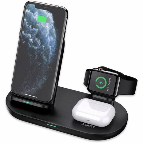 Vies Plicht Verstenen Aukey triolader draadloos oplader Qi smartphone Airpods Apple Watch  oplaadpad - Zwart