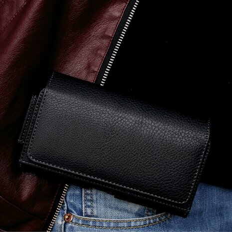 Universeel Tasje Hoes Etui voor 2 Telefoons Geld en Pasjes met Riemclip Houder - Zwart