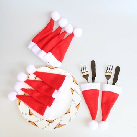 10 Mini Kerstmuts Christmas Hat Decoratie Bestek of Piek kerstboom - Rood en