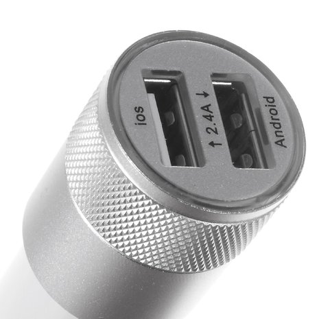Universele Silver Car Charger - Dual USB 2.4 Ampère - Autolader zilver