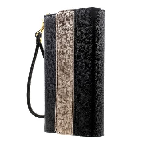 Universele kunstlederen wallet portemonnee tas - zwart leder brons