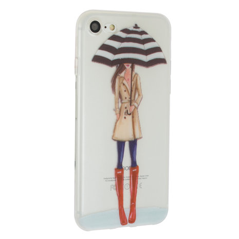 Regen paraplu meisje TPU hoesje iPhone 7 8 SE 2020 SE 2022 - Rode Laarsjes Trenchcoat - Doorzichtig