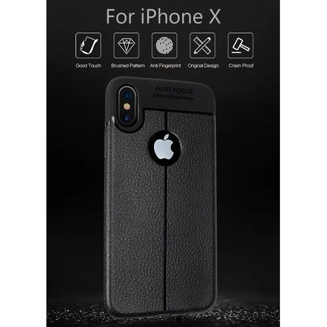 Litchi Grain lederen iPhone X XS TPU hoesje - Zwart