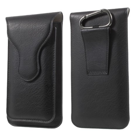 Lederen Pouch dubbel hoes iPhone universeel - Zwart Karabijnhaak