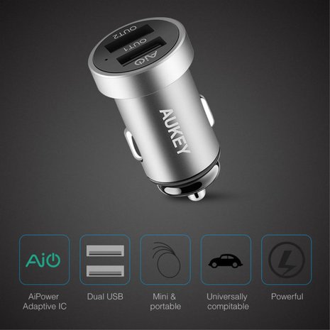 Aukey Universele Dual USB Autolader 2.4 Ampère - Grijs
