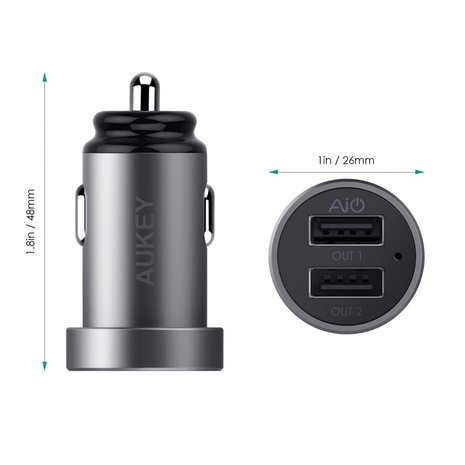 Aukey Universele Dual USB Autolader 2.4 Ampère - Grijs