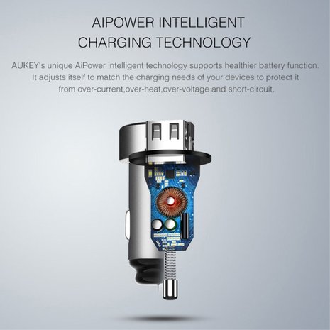 Aukey Universele Dual USB Autolader 2.4 Ampère - Grijs