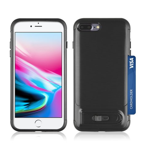 Brushed iPhone 7 Plus 8 Plus TPU kunststof hybride case pasjes slider - Zwart Standaard