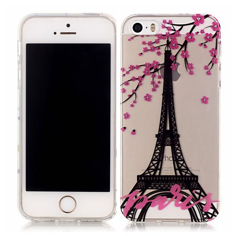 Parijs Eiffeltoren bloesem hoesje TPU case iPhone 5 5s SE 2016 - Transparant Roze Zwart