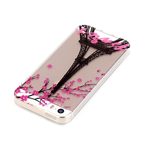 Parijs Eiffeltoren bloesem hoesje TPU case iPhone 5 5s SE 2016 - Transparant Roze Zwart
