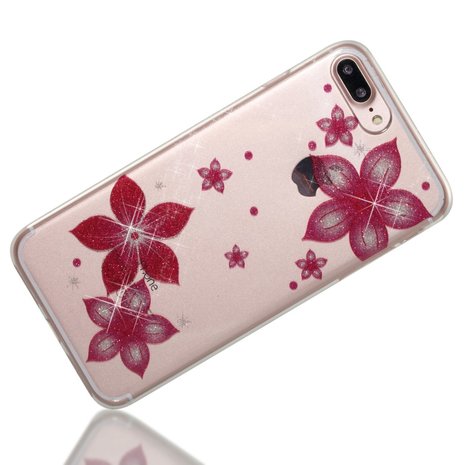 Glitter bloem hoesje TPU iPhone 7 Plus 8 Plus - Transparant Roze