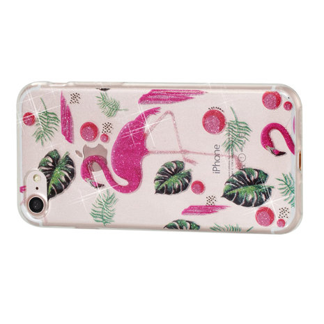 Glitter Poeder hoesje TPU iPhone 7 8 SE 2020 SE 2022 - Flamingo's en Bladeren