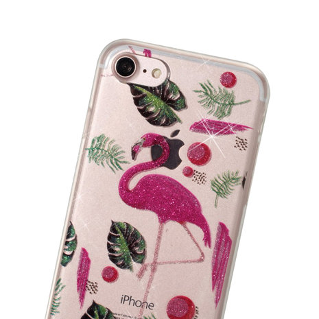 Glitter Poeder hoesje TPU iPhone 7 8 SE 2020 SE 2022 - Flamingo's en Bladeren