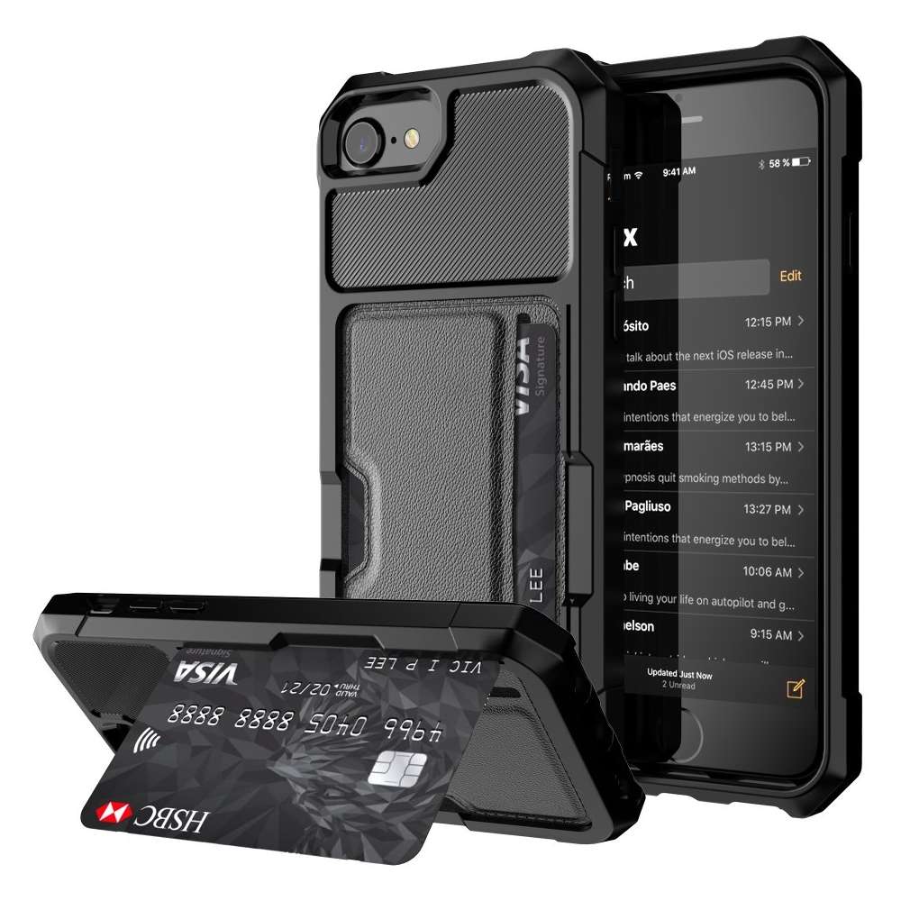 Uitdaging bungeejumpen Voorouder Just in Case Hybrid Card Holder Case hoesje voor iPhone 6, 6s, 7, 8, SE  2020 en SE 2022 - zwart
