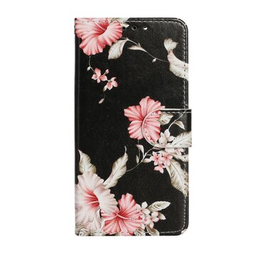 Wallet Bookcase kunstleer bloemen hoesje geschikt voor iPhone 13 mini - zwart