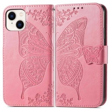 Vlinder Wallet kunstleer hoesje geschikt voor iPhone 14 - roze Vlinder Wallet kunstleer hoesje geschikt voor iPhone 14 - roze