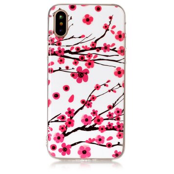Hoesje geschikt voor iPhone X XS rode takken bloemen lente TPU wit Hoesje geschikt voor iPhone X XS rode takken bloemen lente TPU wit