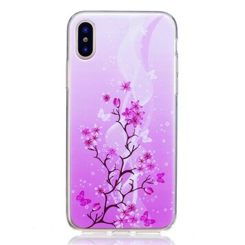 Bloementak TPU hoesje geschikt voor iPhone X XS - Paars Roze Bloementak TPU hoesje geschikt voor iPhone X XS - Paars Roze