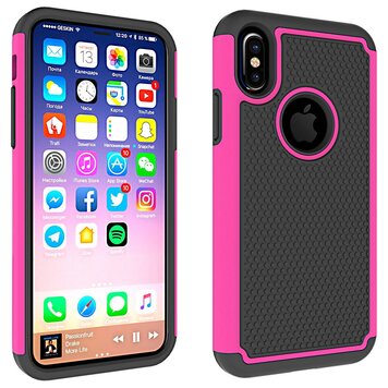 Tweedelig hybride Kunststof Siliconen geschikt voor iPhone X XS noppen hoesje - Roze Zwart Tweedelig hybride Kunststof Siliconen geschikt voor iPhone X XS noppen hoesje - Roze Zwart