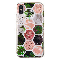 Zeshoeken Print zacht TPU hoesje iPhone X XS cover - Bladeren en Marmer